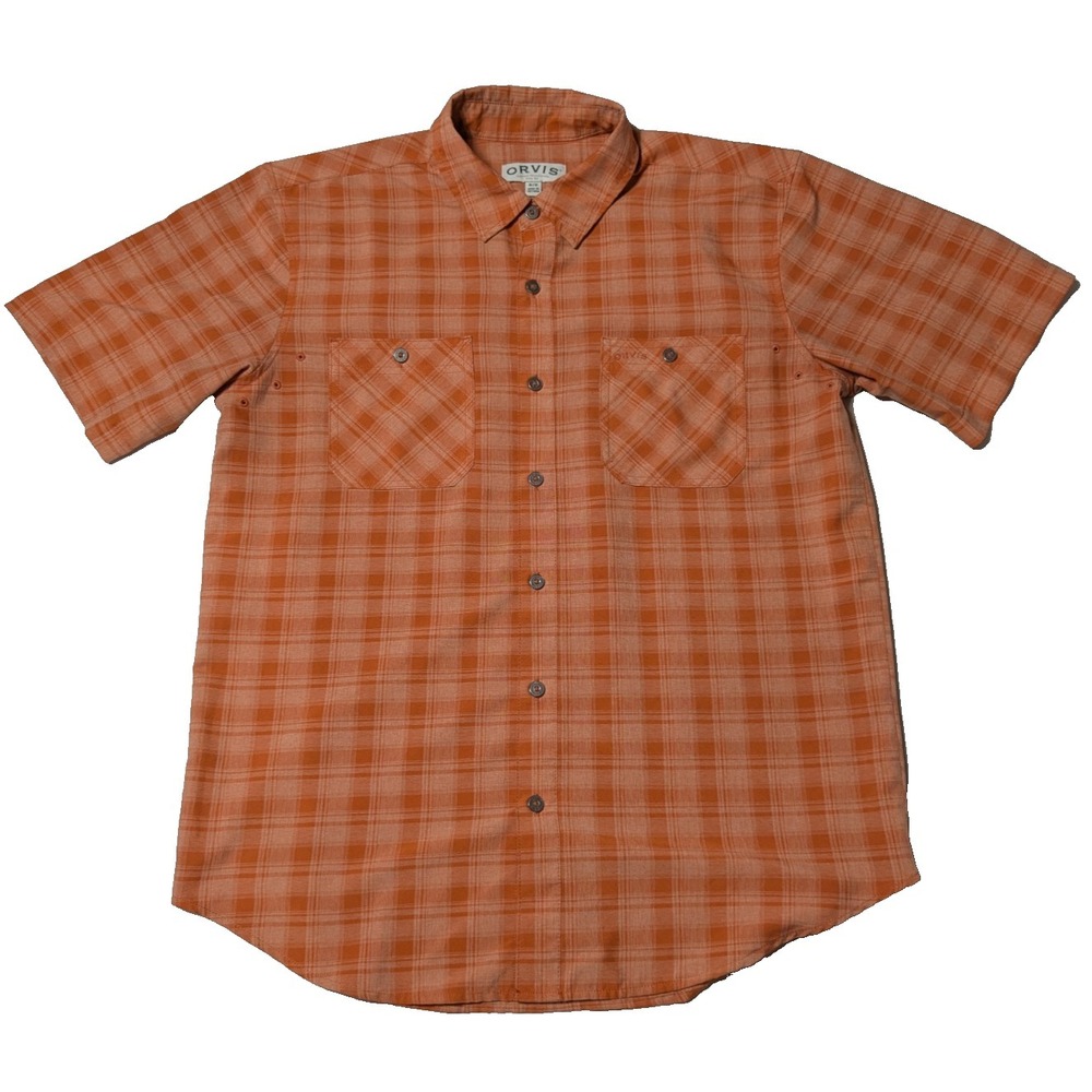 ORVIS Men Medium Orange Plaid Poly Button-Up Short Sleeve Pocket Shirt EUC